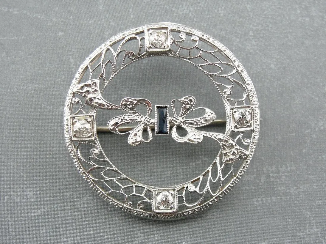 Antique Diamond Art Deco Filigree and Sapphire Circle Pin