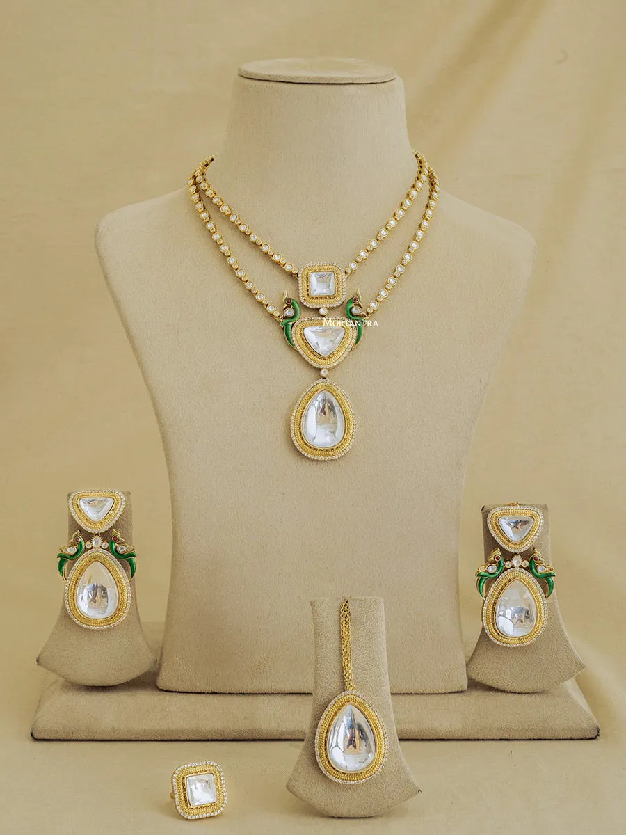 Green Color Gold Plated Faux Polki Bridal Necklace Set - PK-S41