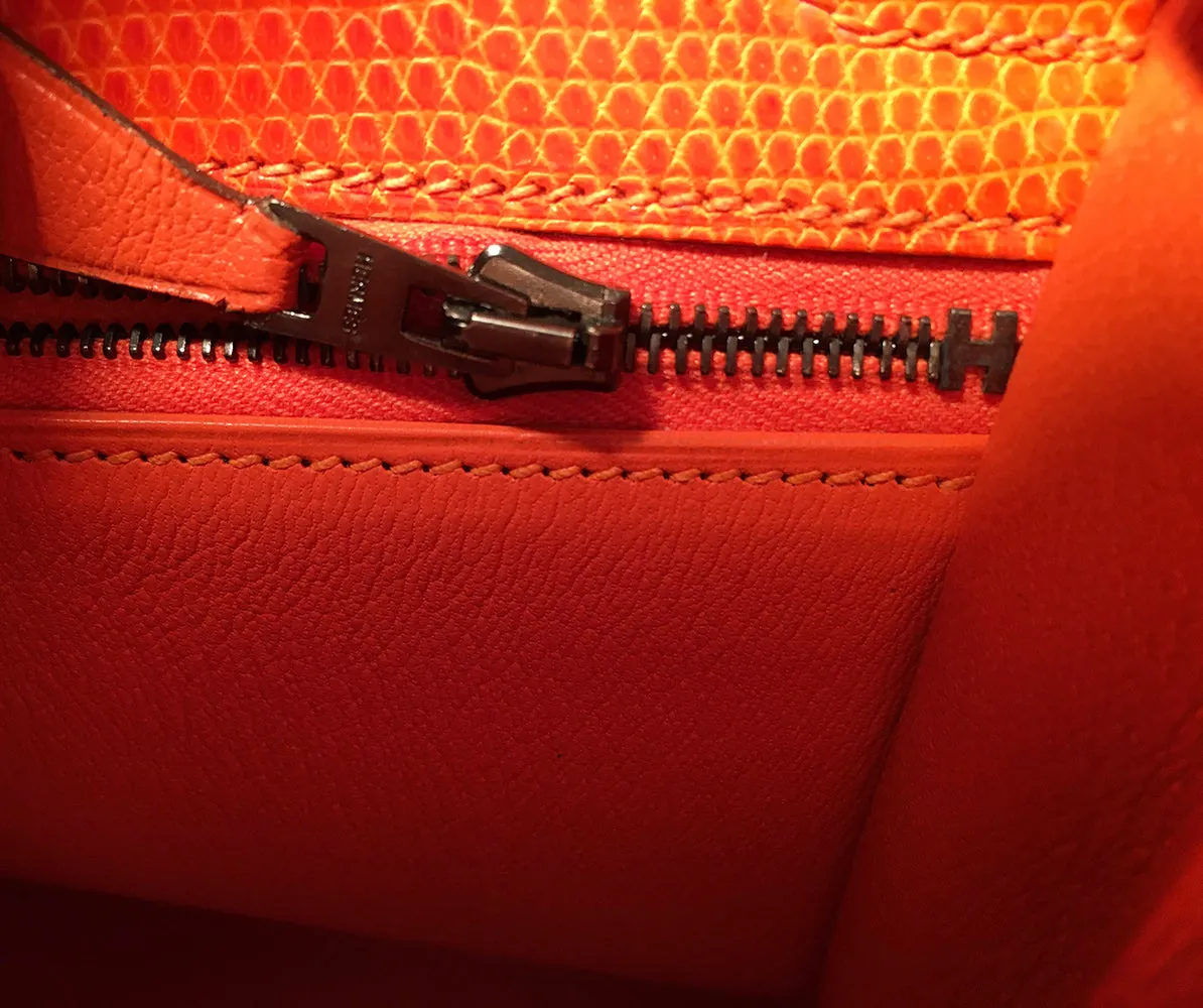 Hermes Tangerine Orange Shiny Niloticus Lizard Leather Kelly 25cm Sellier