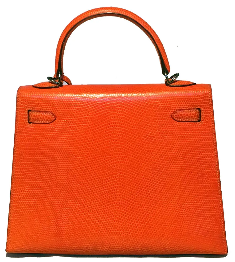 Hermes Tangerine Orange Shiny Niloticus Lizard Leather Kelly 25cm Sellier