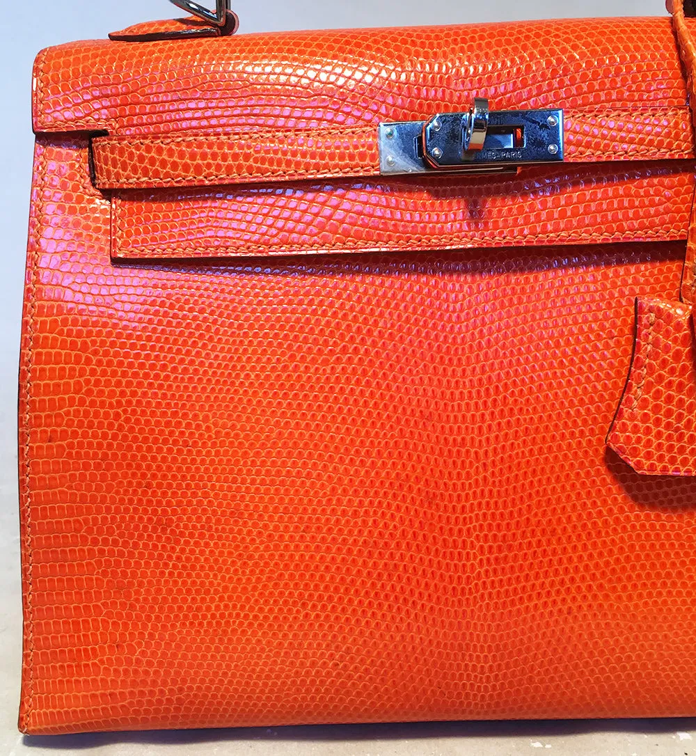 Hermes Tangerine Orange Shiny Niloticus Lizard Leather Kelly 25cm Sellier