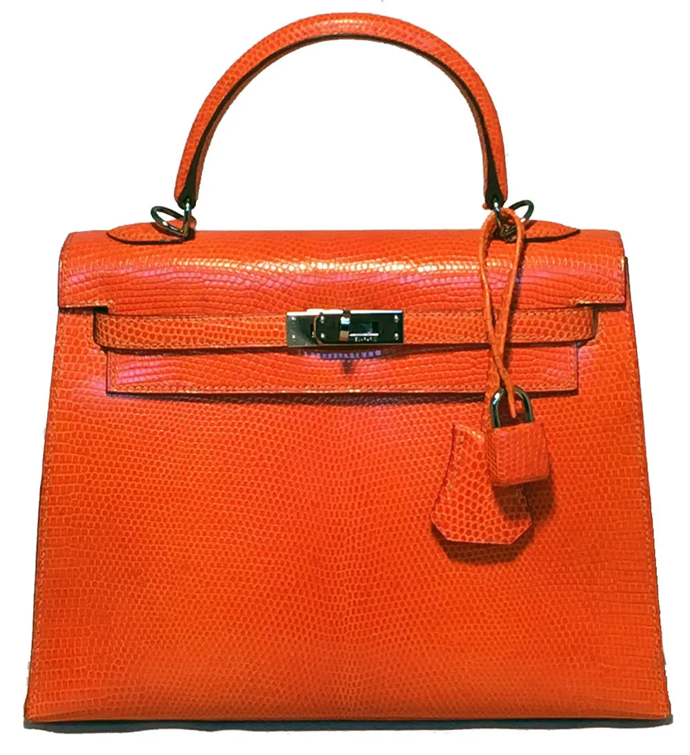 Hermes Tangerine Orange Shiny Niloticus Lizard Leather Kelly 25cm Sellier