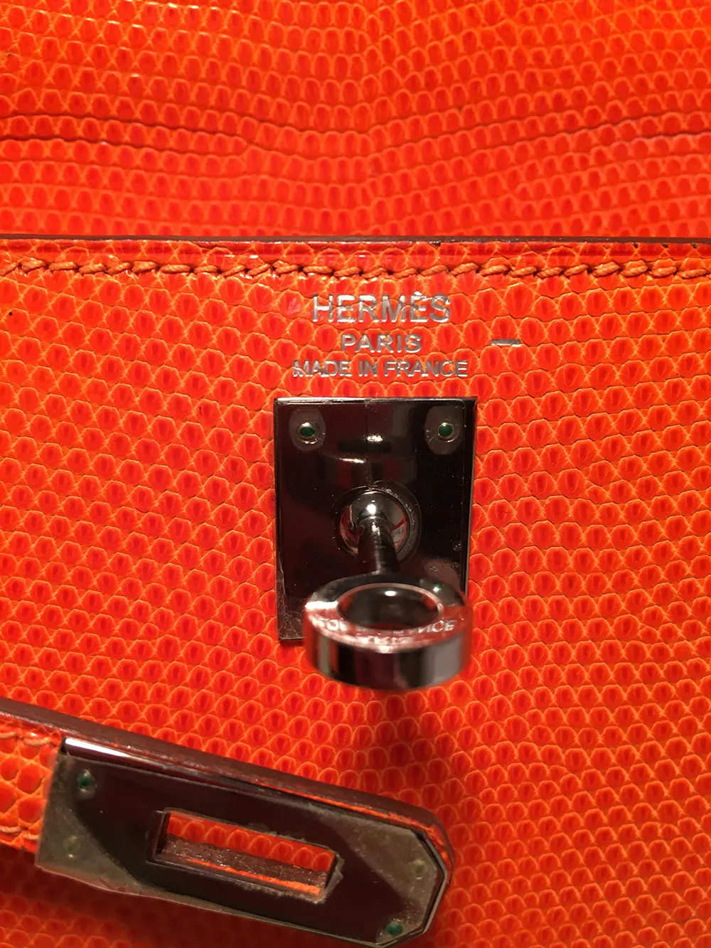 Hermes Tangerine Orange Shiny Niloticus Lizard Leather Kelly 25cm Sellier