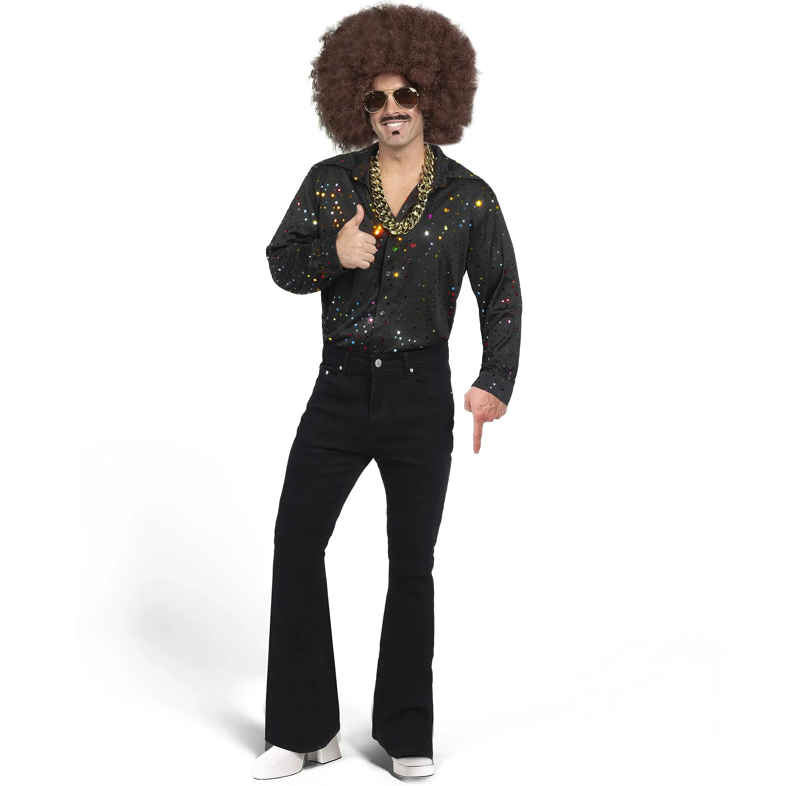 Men Fashion Disco Dude Shirt Set with Wig Glasses Necklace Accessories