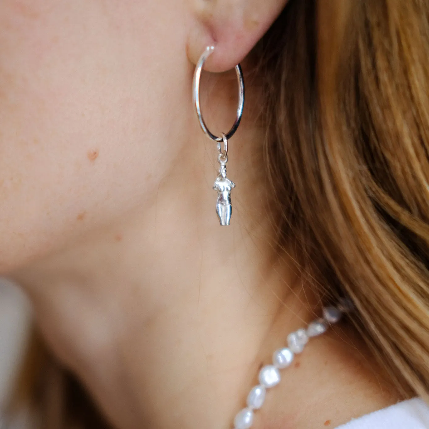 Silver Hoop Earrings with Fertility Figurine and Aphrodite pendant